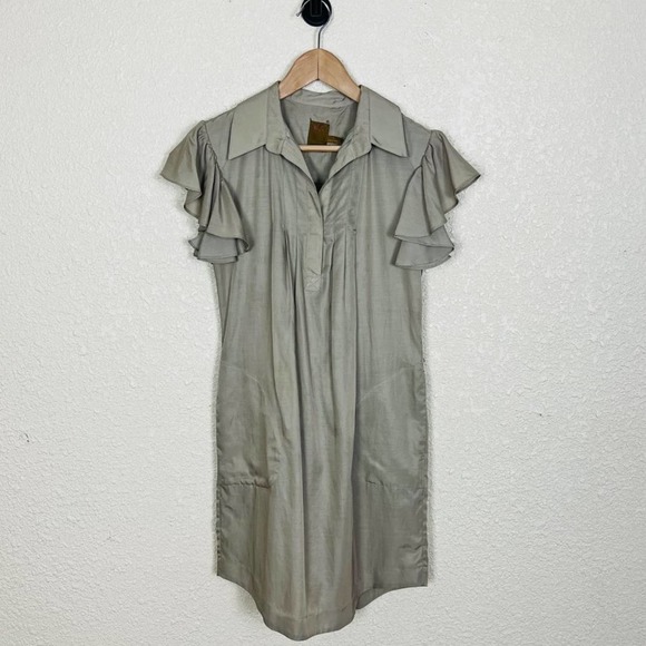 Ali Ro Womens Pleated Shirt Dress size 2 Khaki Taupe Ruffle Sleeve Knee Length - Picture 5 of 12
